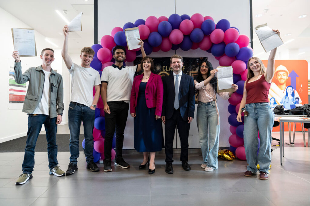 Picture shows: (left to right) T Level students Daniel Burslem, Callum Hitchen and Ali Imran, Bridget Phillipson, Secretary of State for Education, Connor Rand, MP for Altrincham and Sale West, and A Level students Maedeh Zare and Eden Milner.